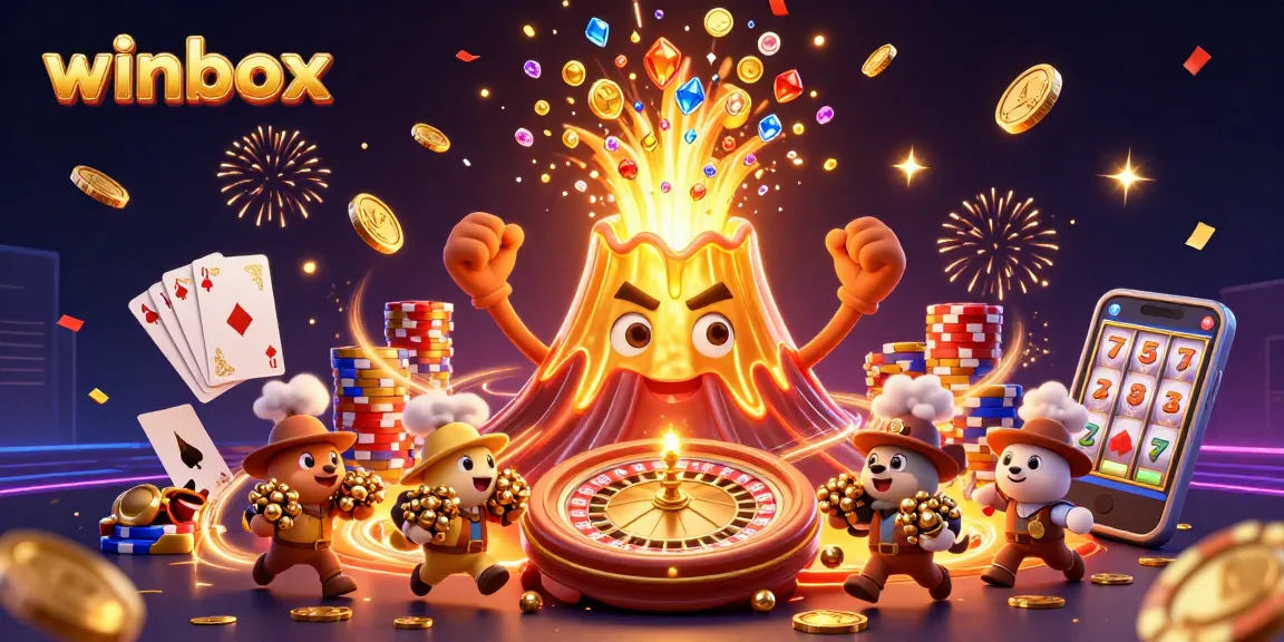 Winbox delights gamblers with a vibrant scene of a volcano erupting gold and treasures.