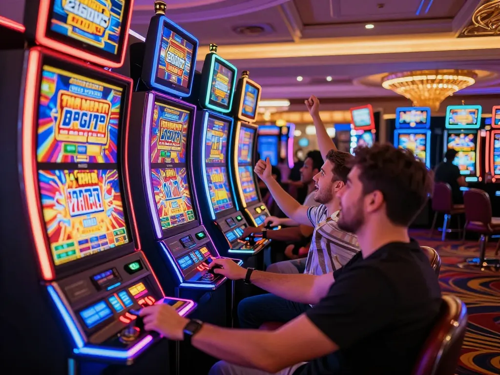Engaged players enjoying slot machines, vibrant lights and colors creating an exciting casino atmosphere.
