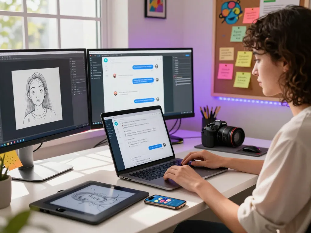 Creative professional using NSFW AI chatbot in a modern workspace
