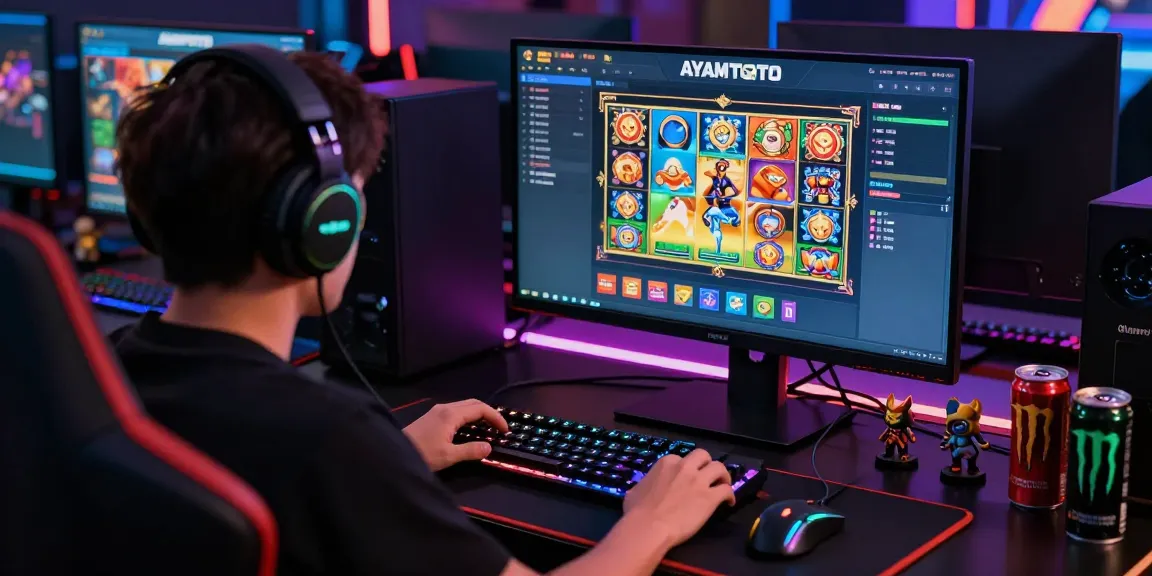 Pengalaman bermain AYAMTOTO login yang seru dengan gamer menggunakan komputer dan headset gaming.