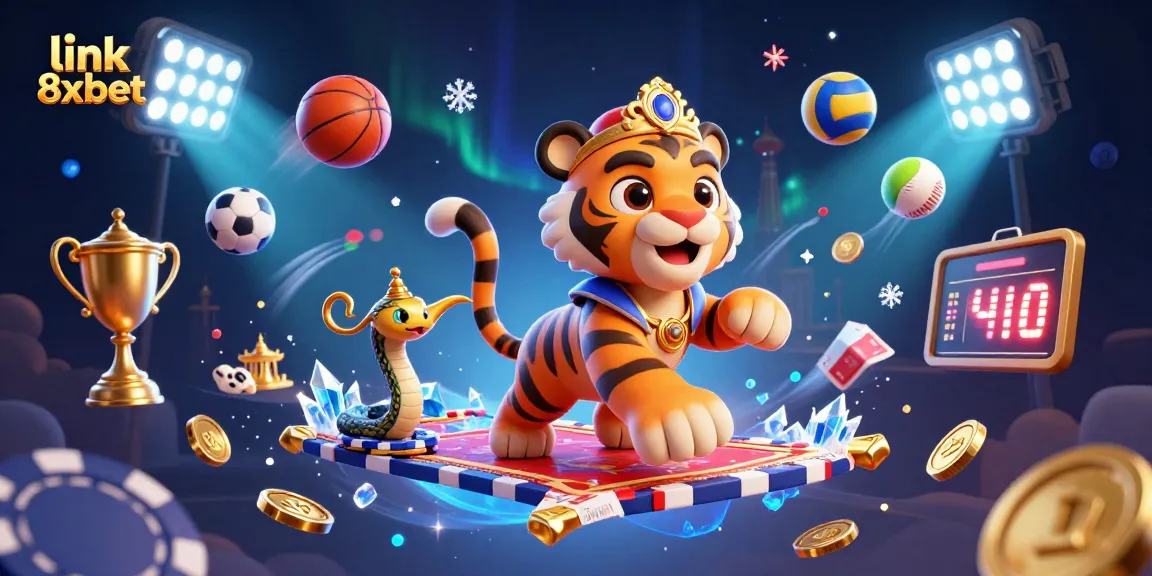 Engage with the exciting link 8xbet featuring a vibrant casino scene with a tiger sultan and dynamic game elements
