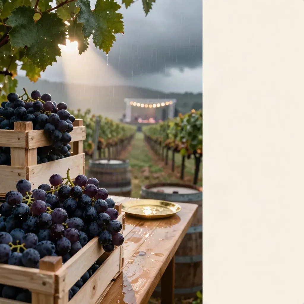 Rain-glossed grape crates, tasting table, brass tray, and glowing vineyard stage at dusk.