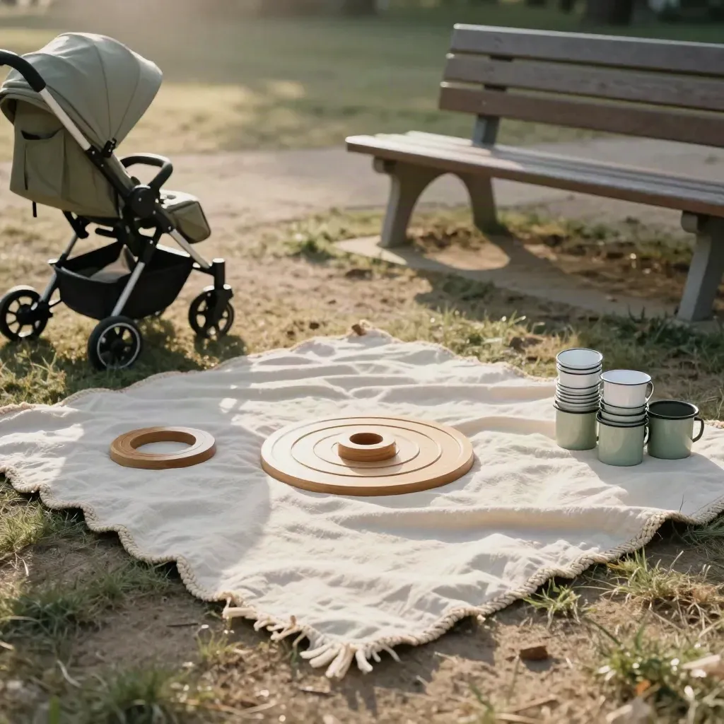 Picnic blanket, ring games, enamel cups and stroller beside a bench in soft late-morning shade