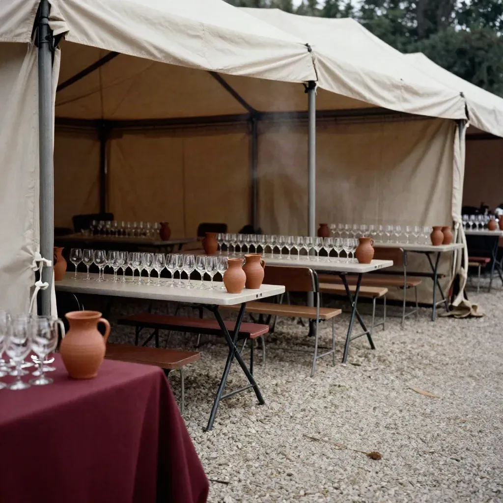 Crimson wine tasting tent with glass stems and clay pitchers on pale gravel in warm afternoon shade.