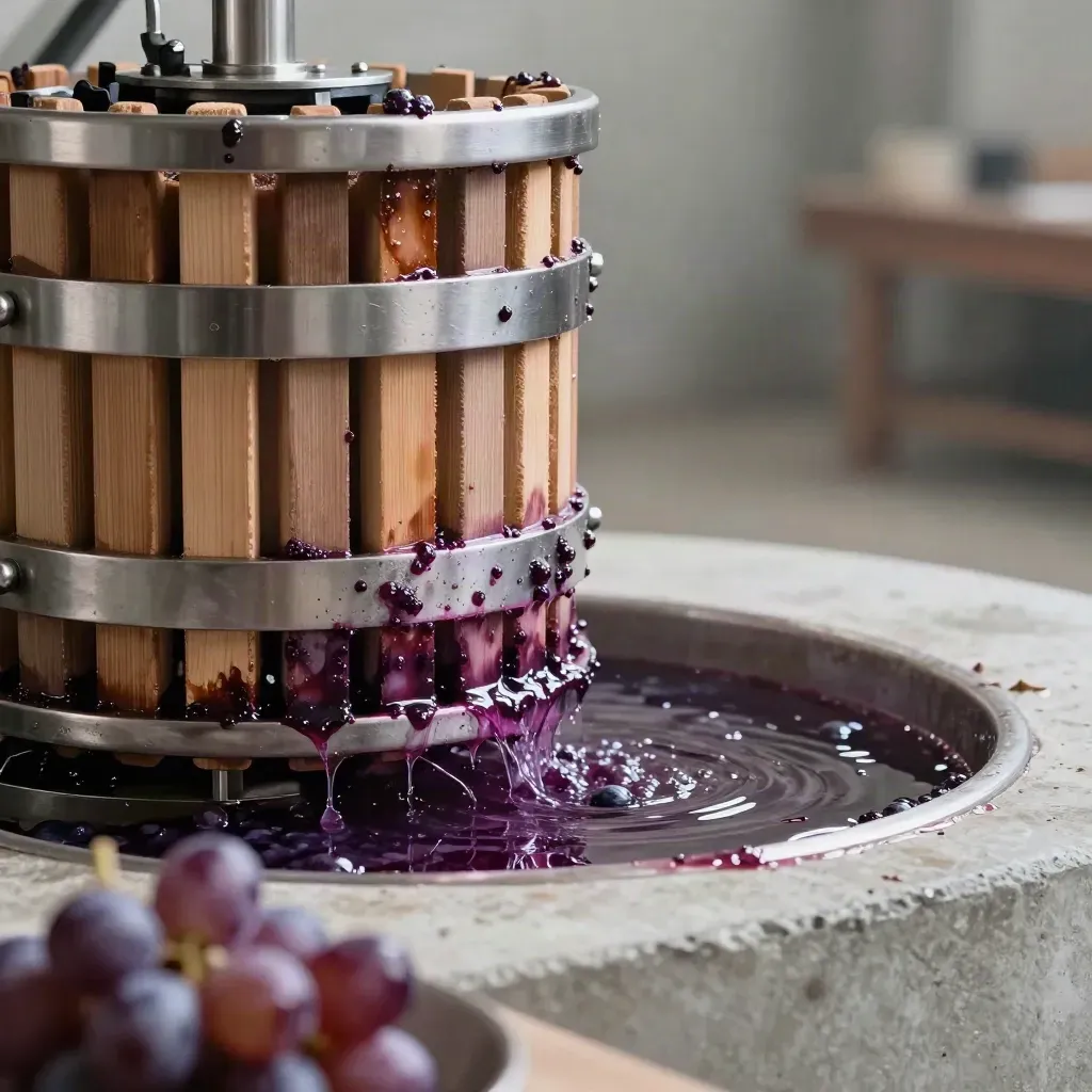 Stainless grape press crushing grapes, juice streaming into trays on a concrete stage