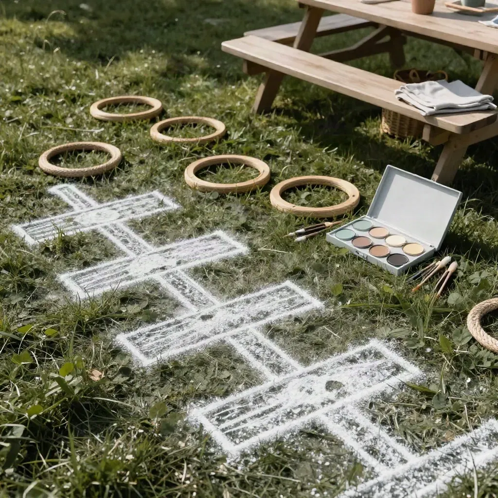 Overhead kids’ game area with hopscotch, lawn rings, and face-paint kit under shade sails.