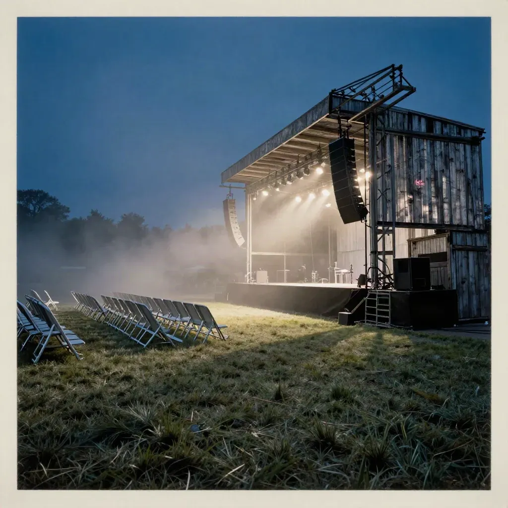 Blue-hour festival main stage with speaker stacks, lights, fog, and empty rails.