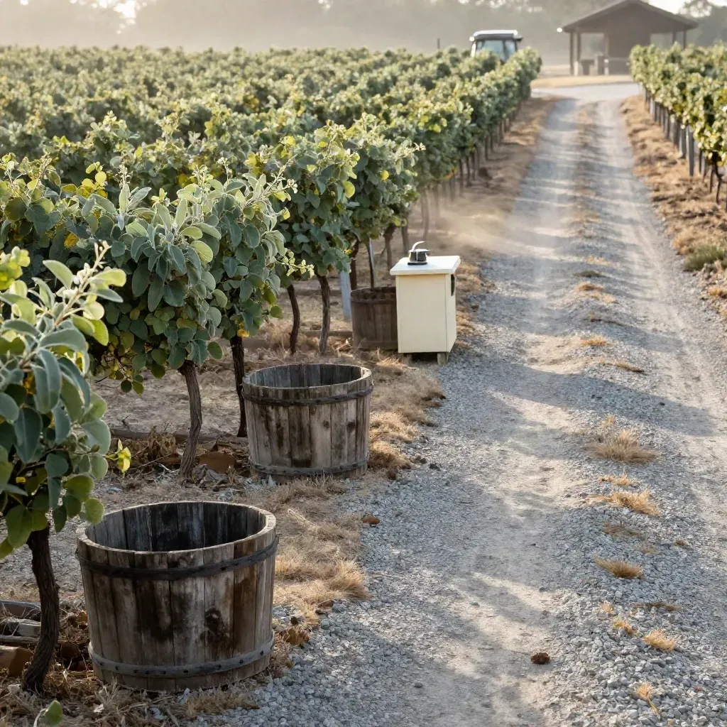 High oblique vineyard trail with harvest bins, lane markers, and a distant tasting stop at sunrise.