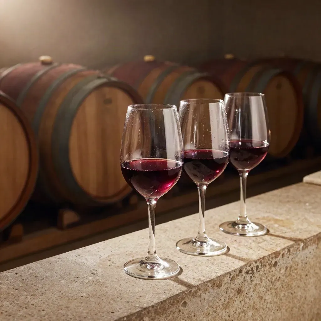 Three tasting glasses and a decanter on a stone ledge, barrels blurred behind.