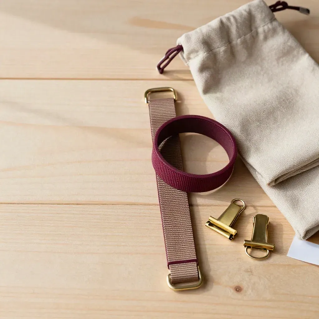Overhead of weekend wristbands, a cotton pouch, and brass clips on pale wood.