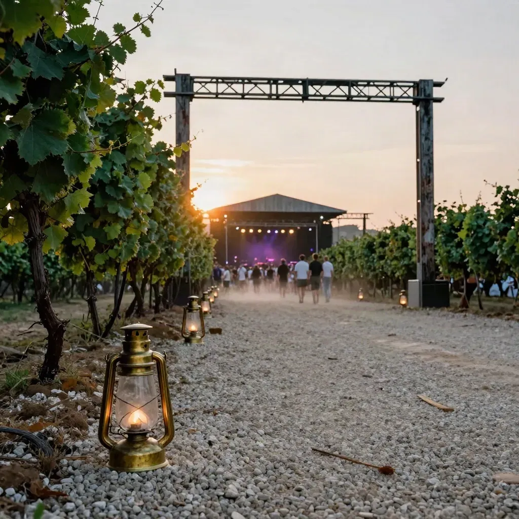 Gravel path with lanterns and vineyard hedges leading toward a glowing festival stage at dusk