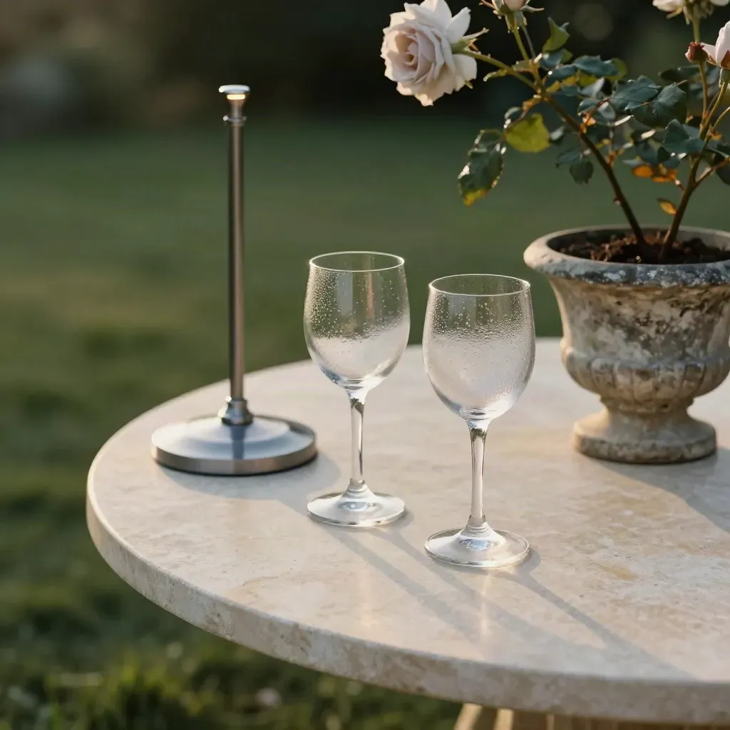 Chilled glasses beside a parasol stand and rose stems on a pale stone garden table at sunset.