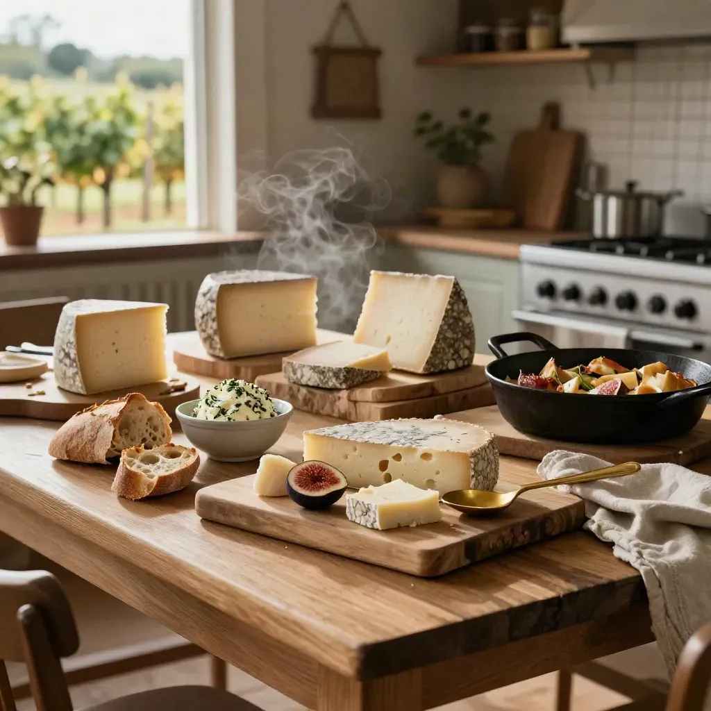 Cheese boards, breads, and steaming farm-table bites on a rustic communal table.