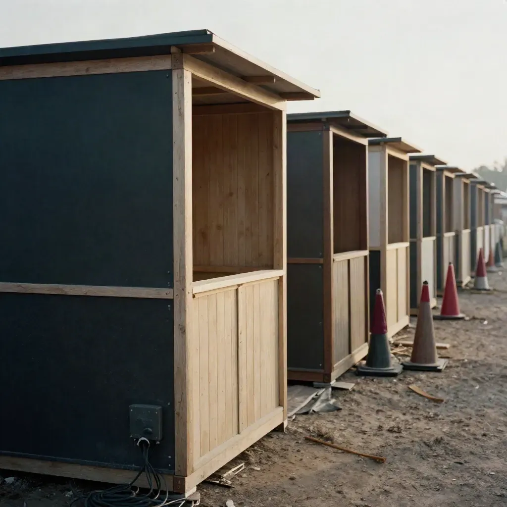 Empty sponsor booth frames, utility boxes, cones and stanchions on packed earth before opening.
