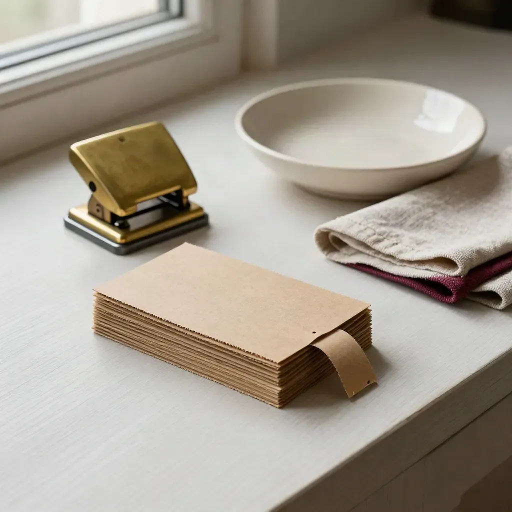 Kraft wristbands, brass punch, ceramic dish, and linen on pale wood for ticket help.
