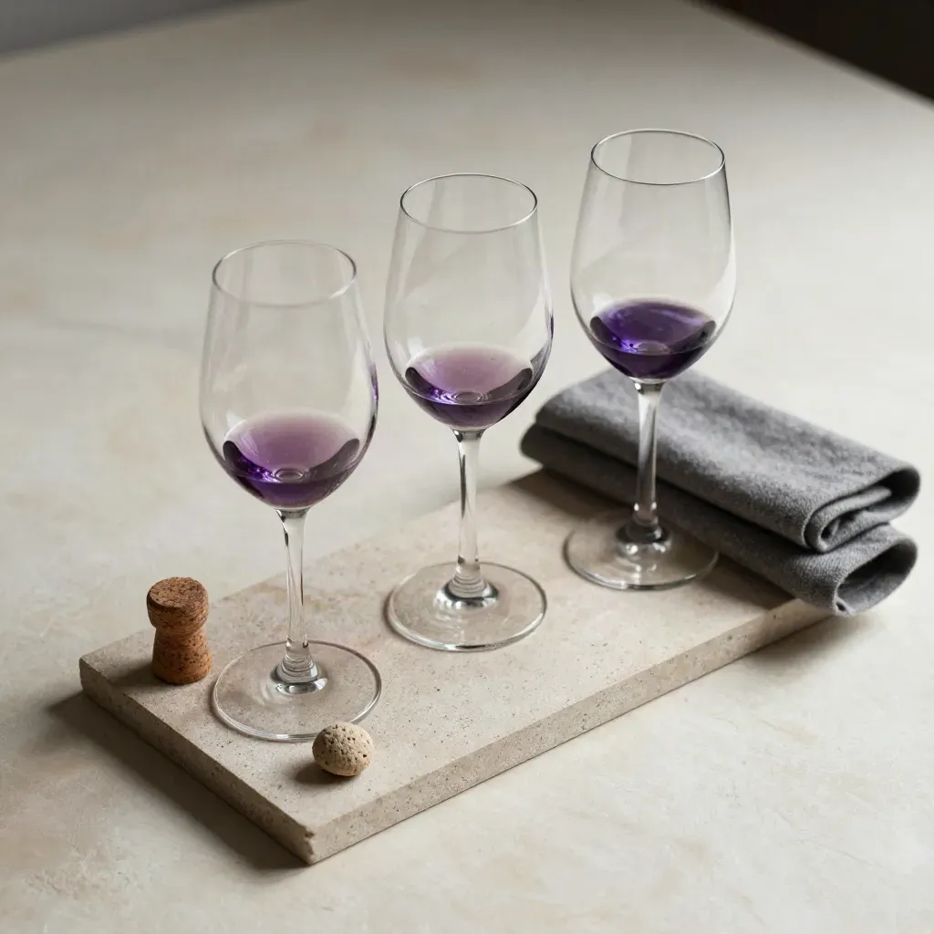 Three wine glasses on a stone tray with cork, aroma stone, and folded wool cloth.