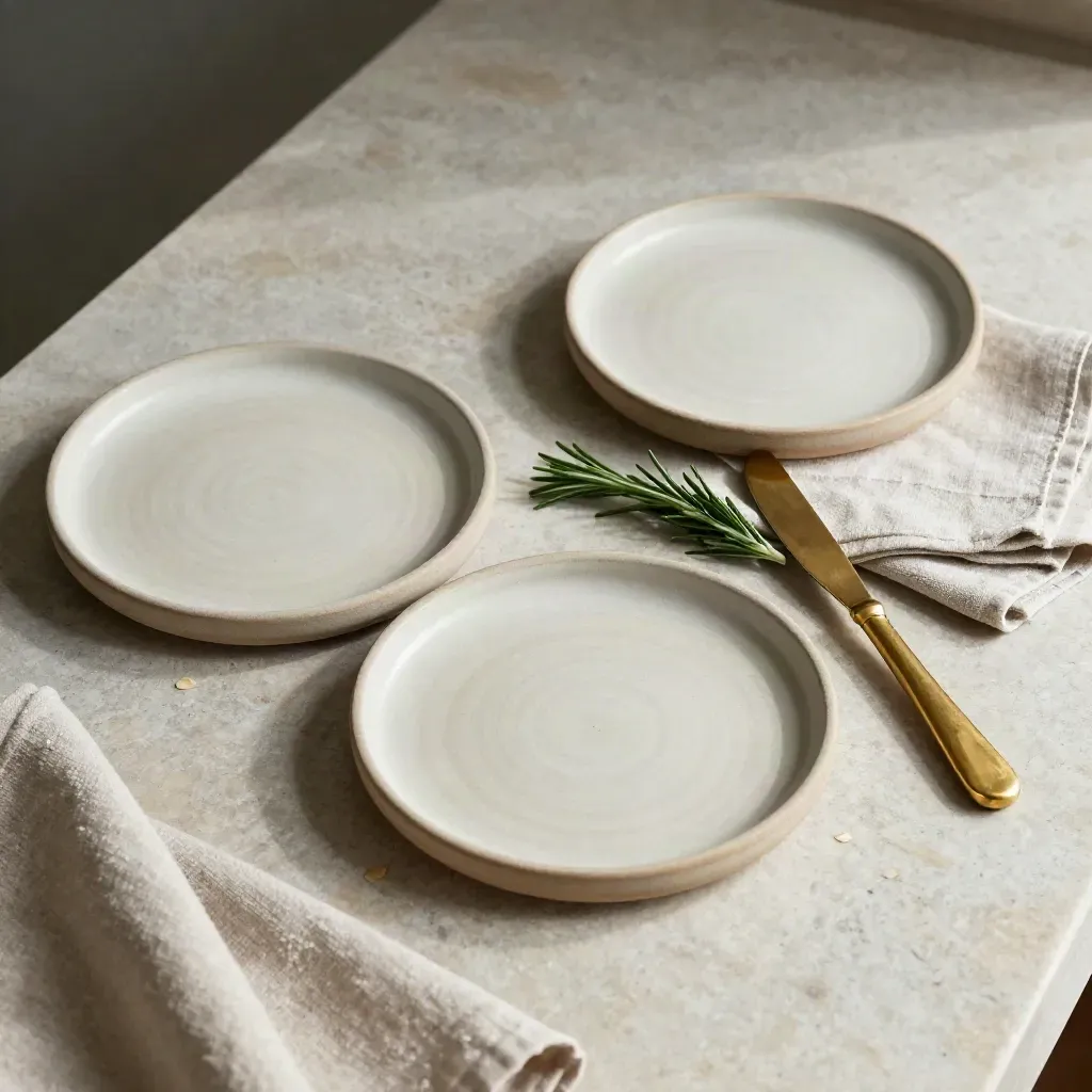 Ceramic tasting plates with linen, brass knife, and rosemary on pale stone, overhead food still life.