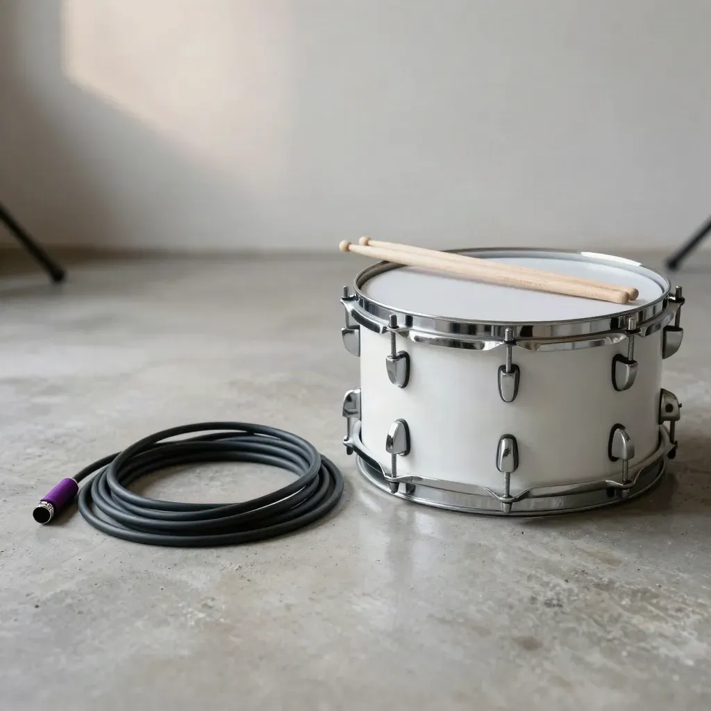 Snare drum, drumsticks, cable, and mic stand base on a concrete backstage floor.