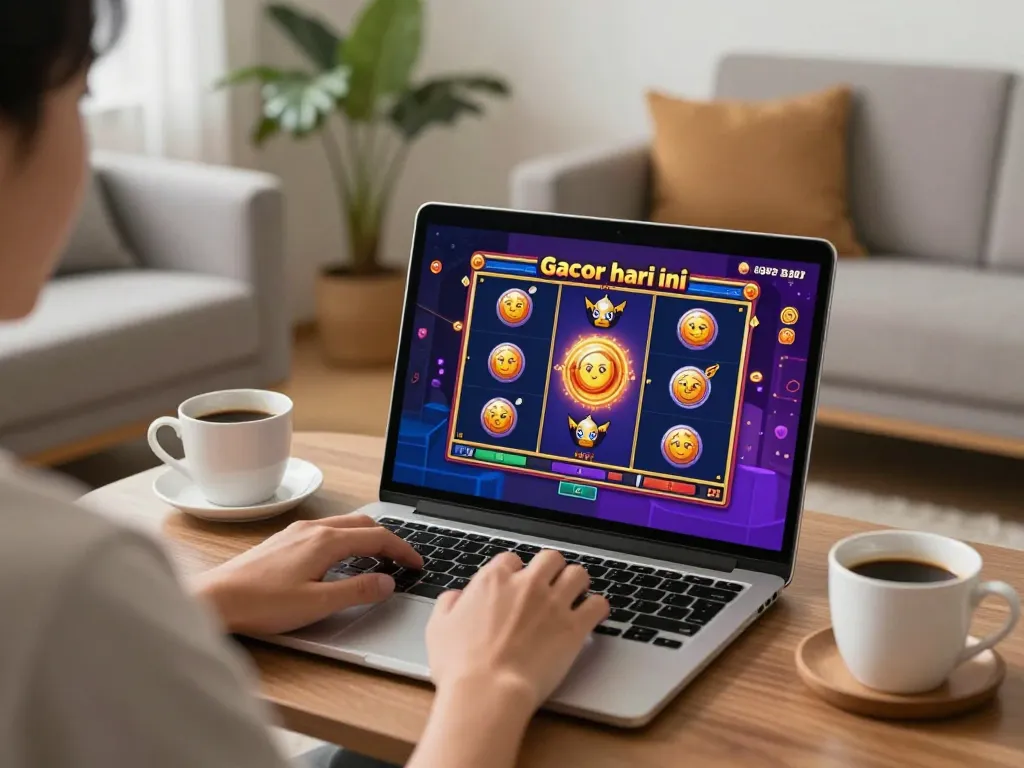 Engaging in slot gacor hari ini online gaming on a laptop in a cozy home environment