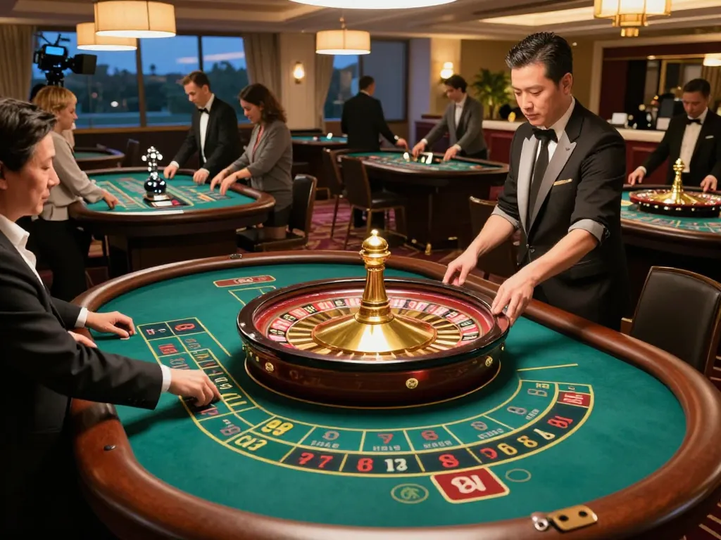 Engaging players at a roulette table enjoying garuda slot gameplay in a luxury casino atmosphere.