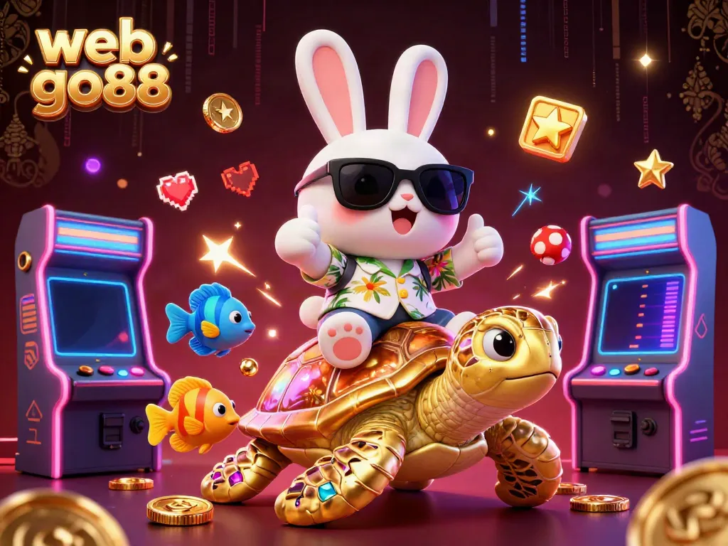 Experience thrilling adventures at web go88 with an enchanting 3D illustration of a lucky rabbit riding a golden turtle amidst vibrant gaming elements.