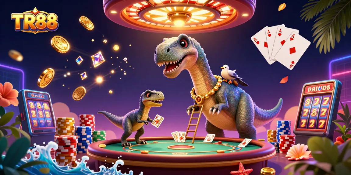 Experience thrilling gaming with TR88 in a lively casino atmosphere with vibrant characters and elements.