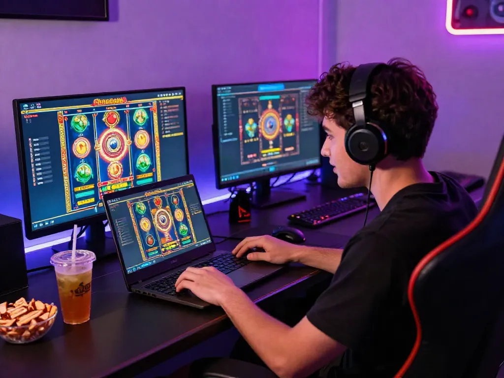 Player enjoying a slot game on a laptop with colorful graphics in a cozy gaming corner.