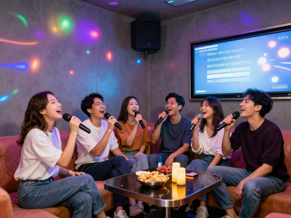 유앤미 가라오케에서 친구들이 함께 즐겁게 노래하는 모습과 다채로운 조명으로 아늑한 분위기 연출