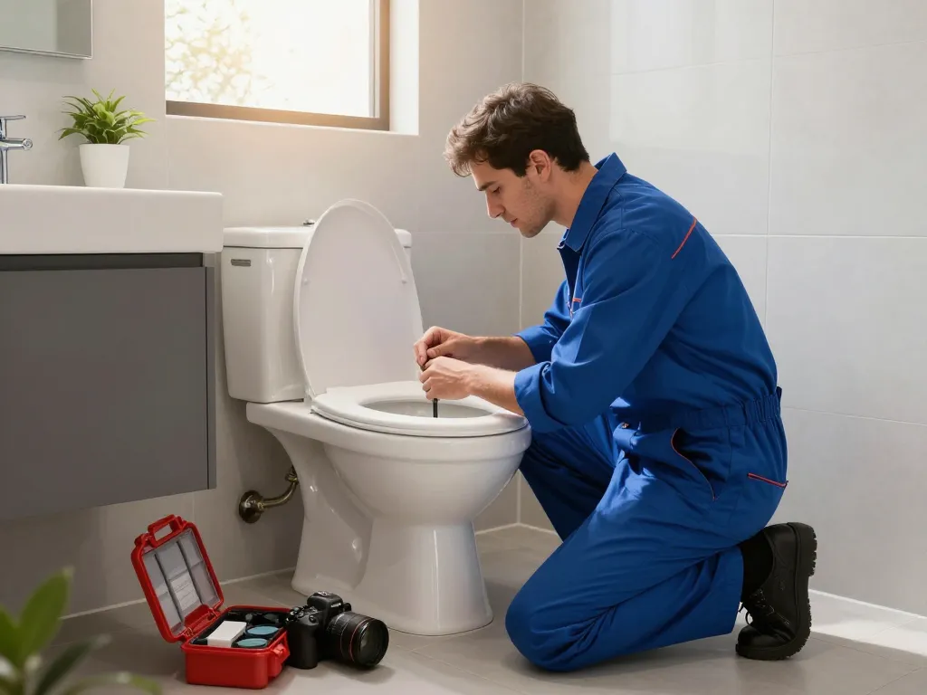 Expert professional toilet repair specialists in Sydney conducting a thorough inspection of a toilet in a modern bathroom.