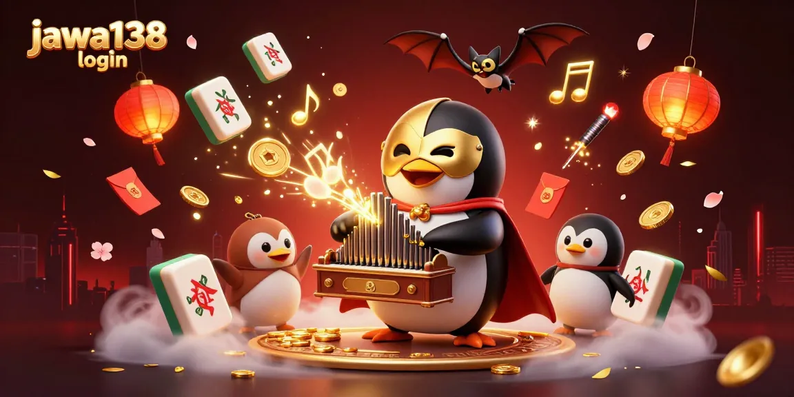 Ilustrasi 3D jawa138 login dengan karakter penguin opera dan elemen kasino memikat untuk atraksi permainan.