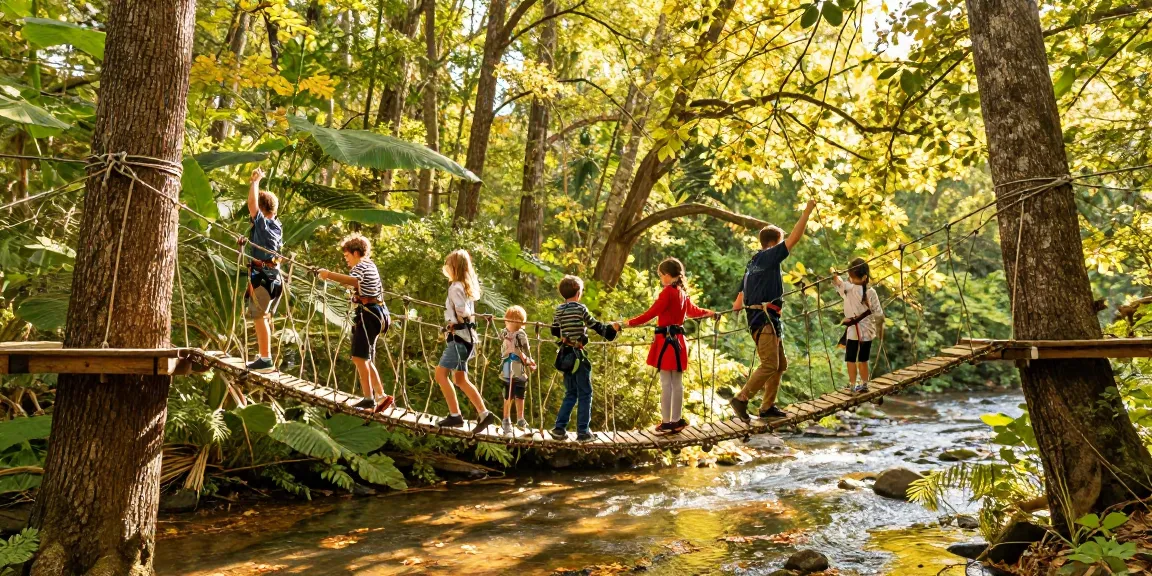 Rope Bridge design showcasing a family crossing a forest rope bridge, surrounded by vibrant foliage during golden hour.