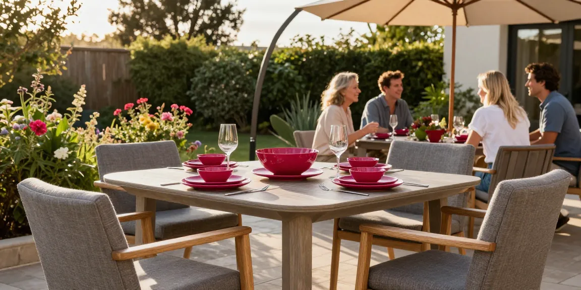 Patio furniture sale with stylish Lotus 3-Piece Stacking Set and Camden Club Chair in Driftwood Gray during a vibrant outdoor gathering.
