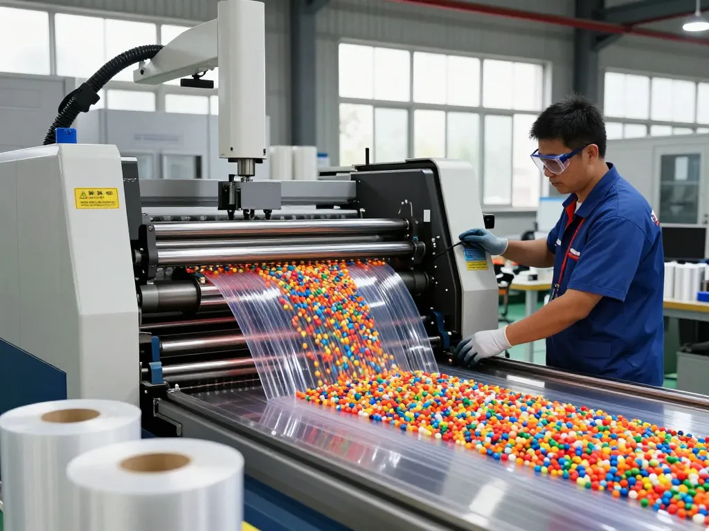 Bóc plastic manufacturing process with technician operating extrusion machine in industrial setting