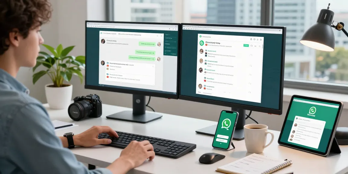 Person using WhatsApp網頁版 in a modern office setting with dual monitors and a smartphone.