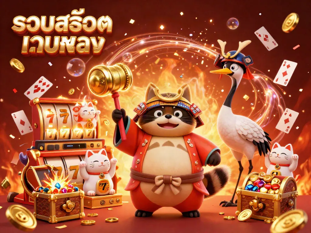 Experience the magic of รวมสล็อตเว็บตรง with a cheerful tanuki and samurai crane amidst colorful slot reels and fortune cats.