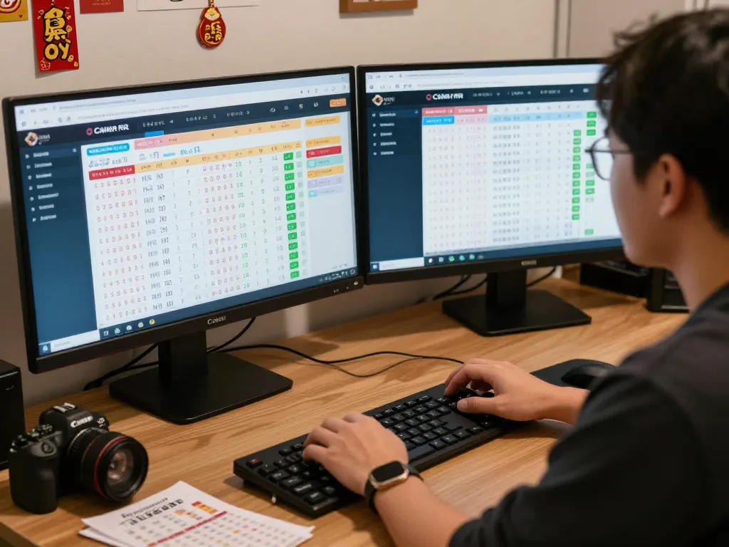 Engaging sports bettor analyzing HK lottery data on dual monitors in a cozy office.