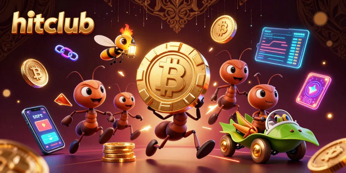 Hitclub ants steal a giant poker chip in a vibrant digital casino heist scene.