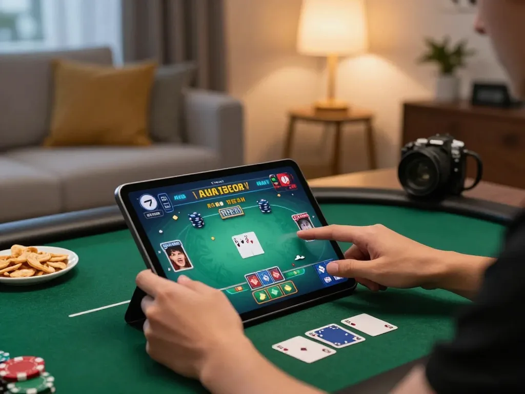 Engaging online poker gameplay at home with 23win tablet interface showing strategic betting.