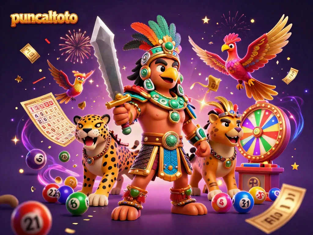 Puncaktoto menghadirkan ilustrasi 3D menggembirakan dengan petarung Aztec dan bola lotere penuh warna dalam suasana meriah.