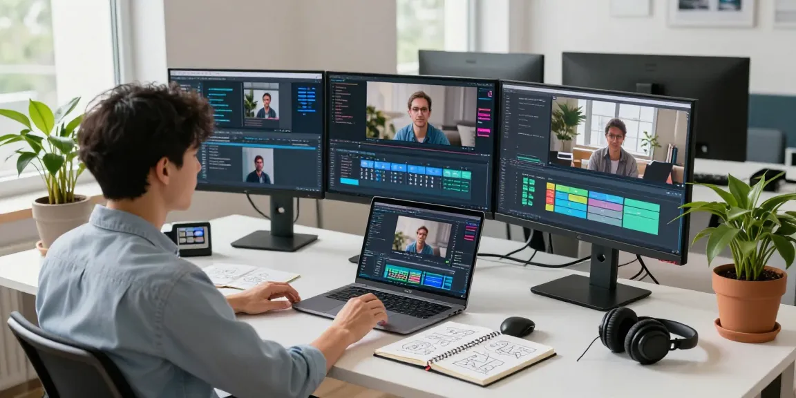 Modern workspace with AI video prompt analysis, featuring a data scientist engaging with software and multiple monitors.