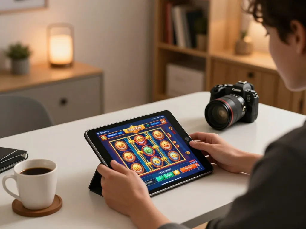 Engaging scene of a player enjoying 98win club slot games on a tablet in a cozy home setup.