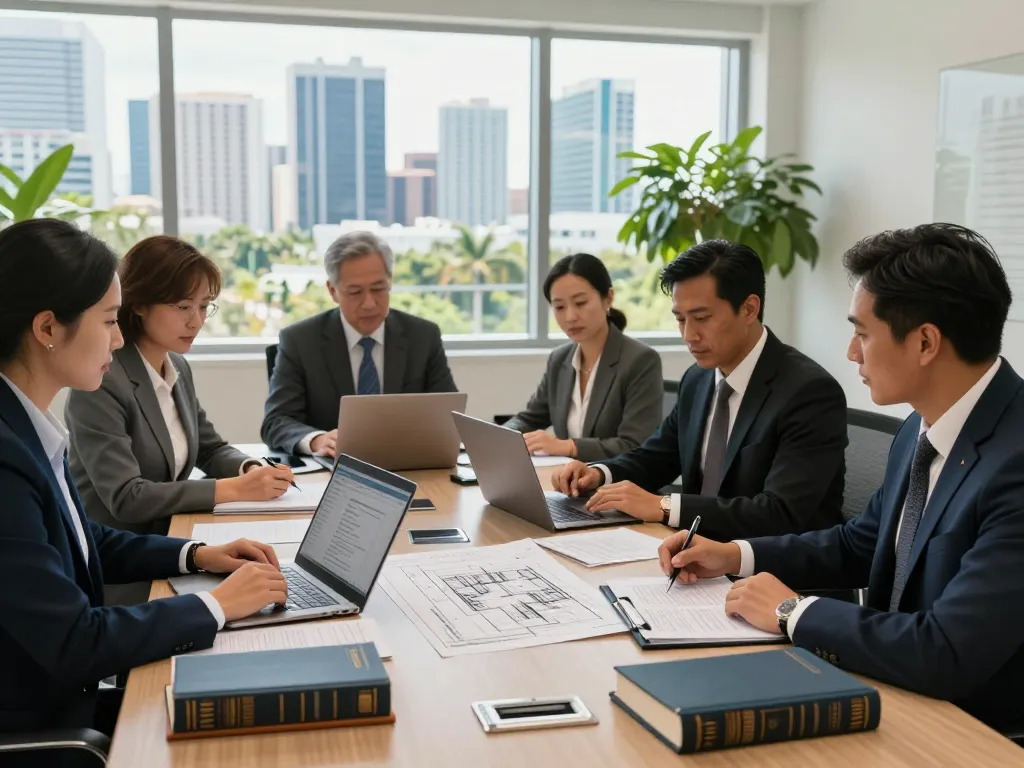 Boca Raton Construction Litigation Lawyer team discussing legal strategies in a modern office.