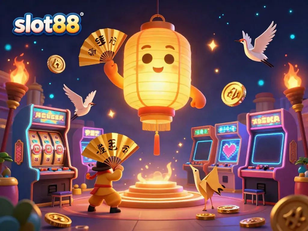 Experience slot88's magical casino atmosphere with a glowing giant lantern spirit and vibrant game elements.