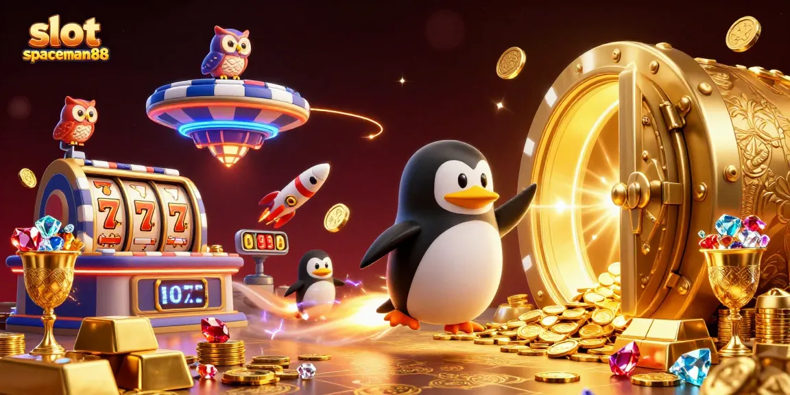 Experience thrilling action with slot spaceman88 in this vibrant 3D casino scene featuring gold coins and slot reels.
