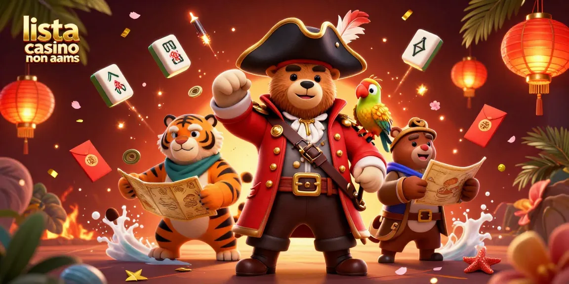 Immagine coinvolgente di lista casino non aams con un orso pirata, una tigre e elementi vivaci di casinò che rappresentano l'emozione del gioco d'azzardo online.