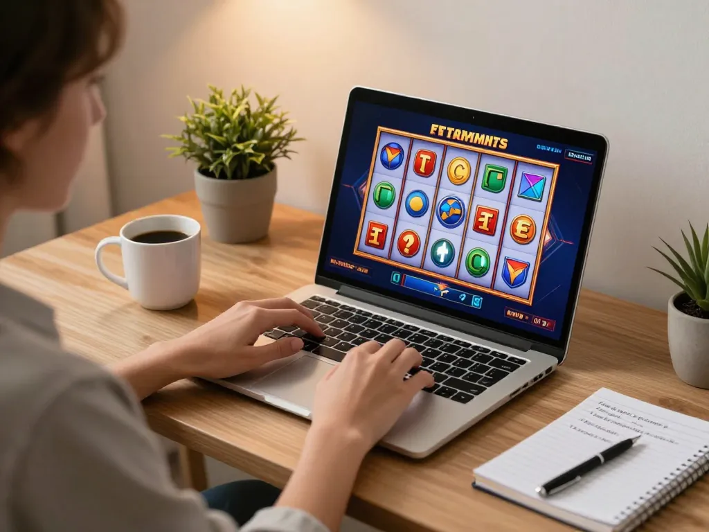 RR88 player enjoying online slots game with colorful reels and strategic notes in a cozy home office