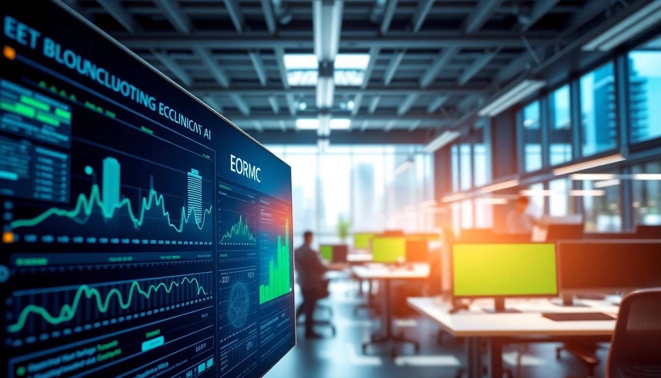 Showcasing EORMC AI blockchain technology in a vibrant, high-tech office environment.
