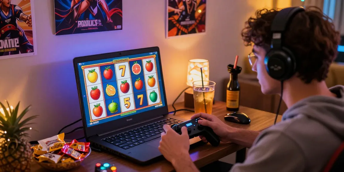Pengguna Nagahitam303 bermain slot online dengan suasana ceria dan dekorasi menarik di ruang tamu.