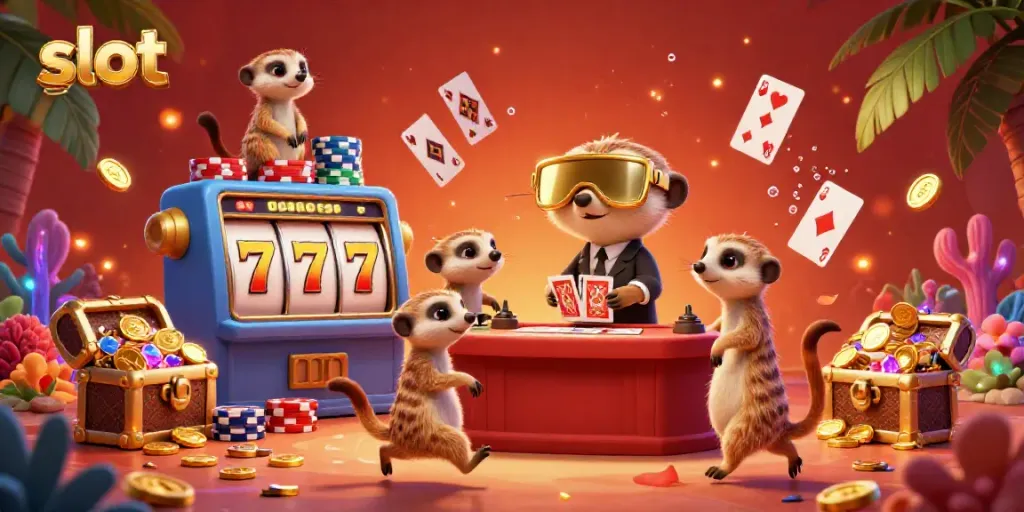 Experience the thrilling world of slot gacor with meerkats managing a vibrant casino operation, full of colorful gaming elements.