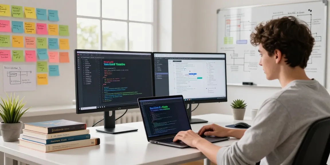 Engaging workspace with a beginner programmer using Android development course with Kotlin on laptop and vibrant code displays.